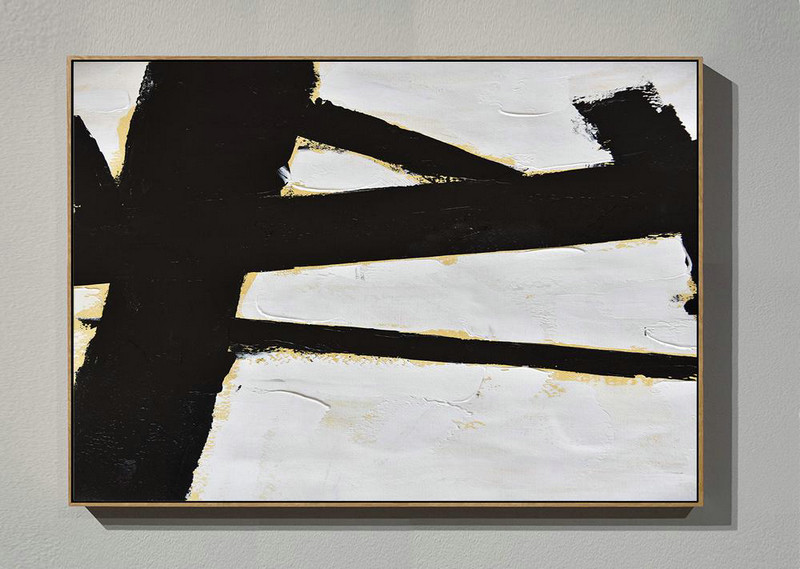 Original Modern Art,Large Wall Art Handmade,Horizontal Palette Knife Minimal Canvas Art Painting Black White Beige - Abstract Artwork Online